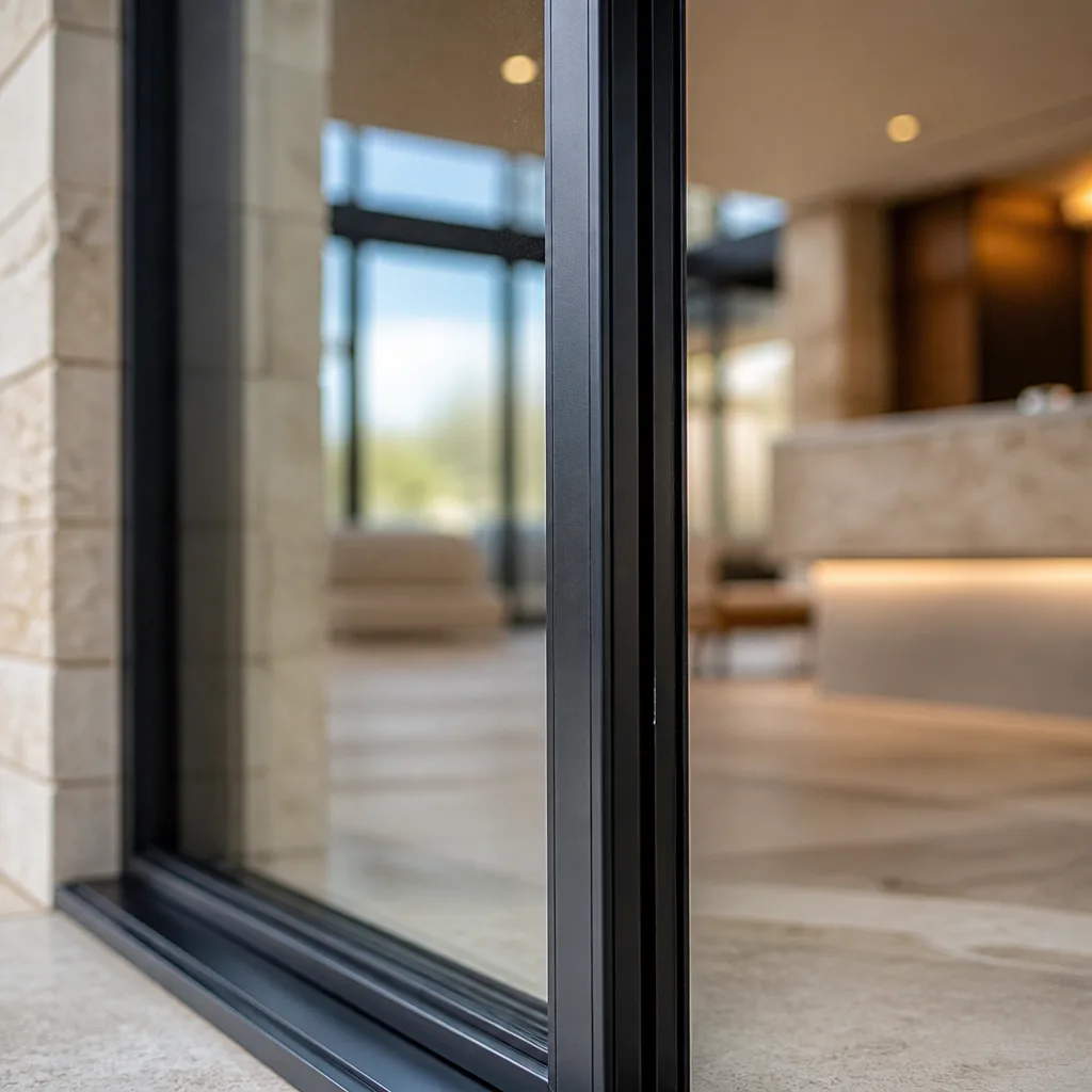 Modern black aluminum patio door frame installation in a bright home