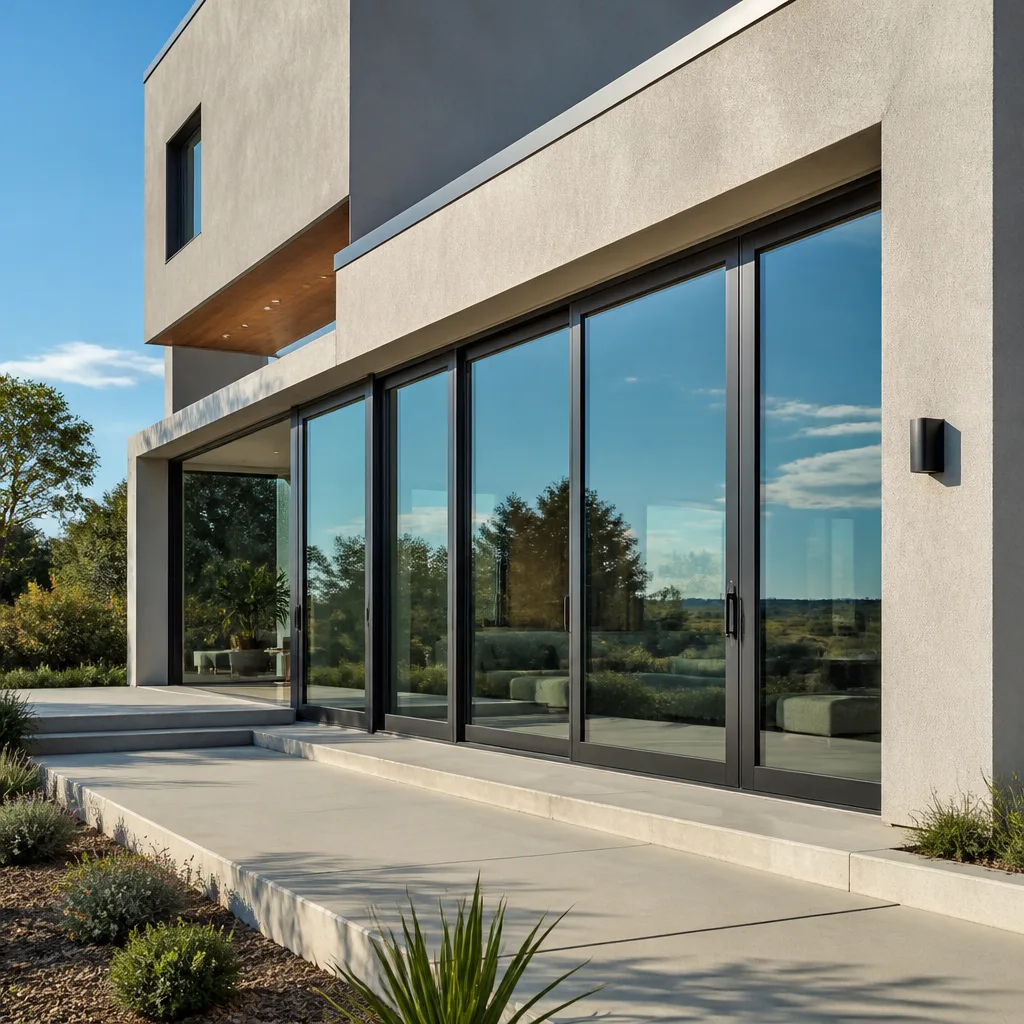 Modern sliding glass patio door installation on a contemporary luxury home exterior