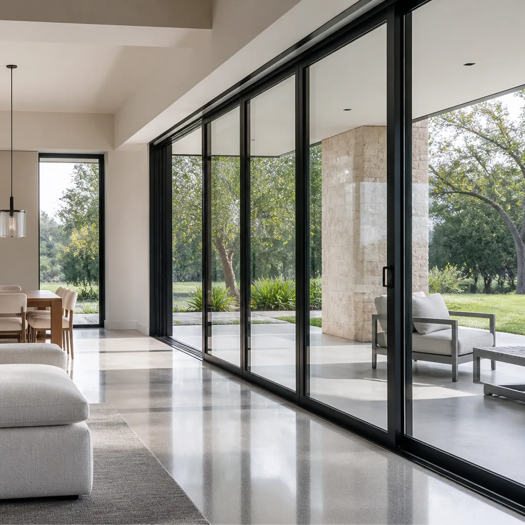 Modern floor-to-ceiling sliding patio door system in a contemporary living space