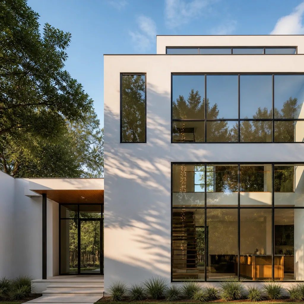 Modern home featuring custom black-framed window and door installations