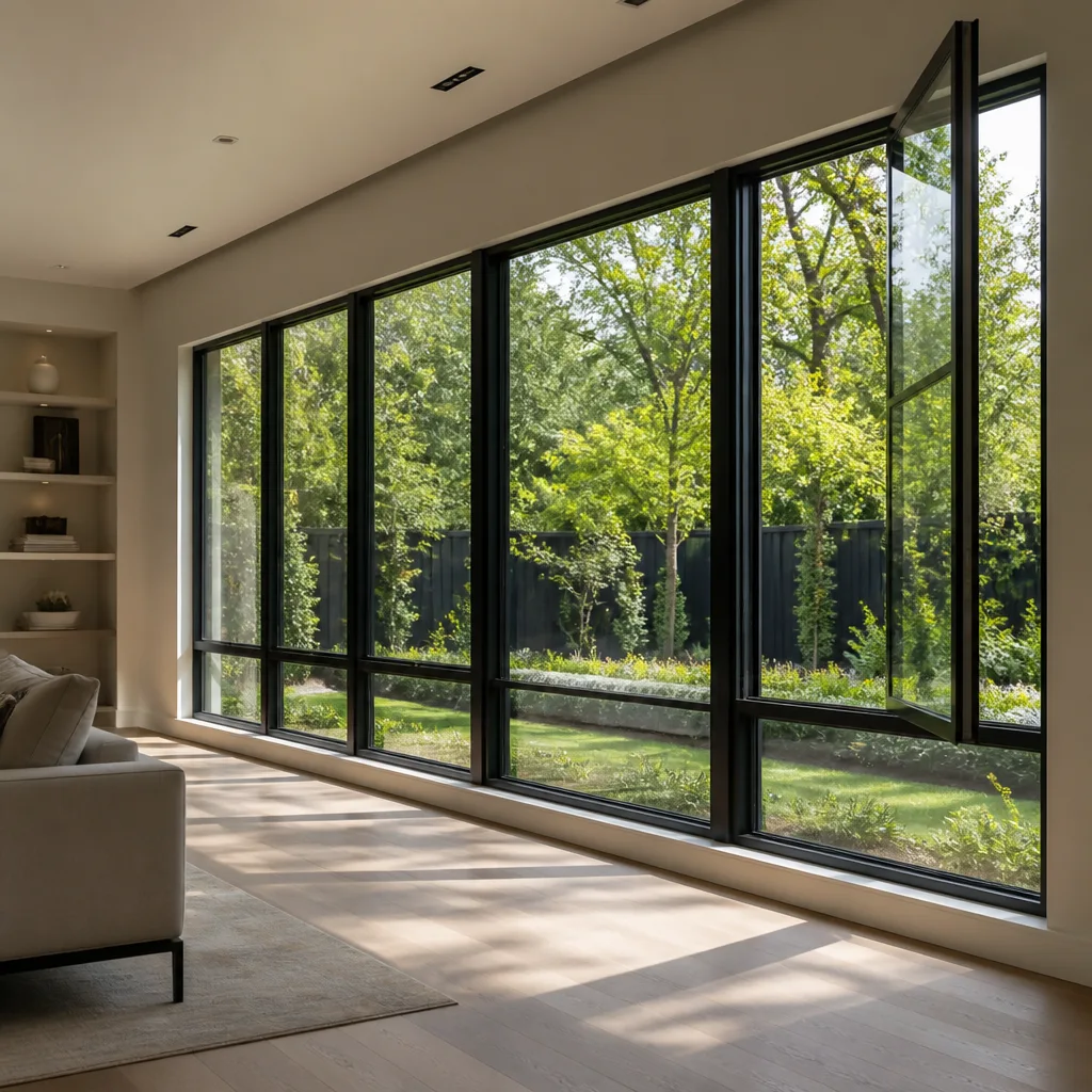 Modern living room with high-end black metal casement window installation