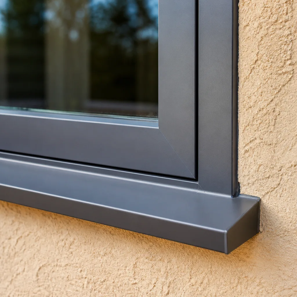 Modern gray aluminum window frame installed on textured stucco wall