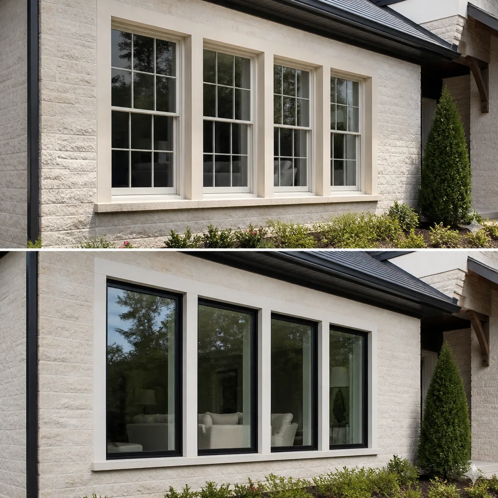 Comparison of old multi-pane windows and new modern black-framed window replacement