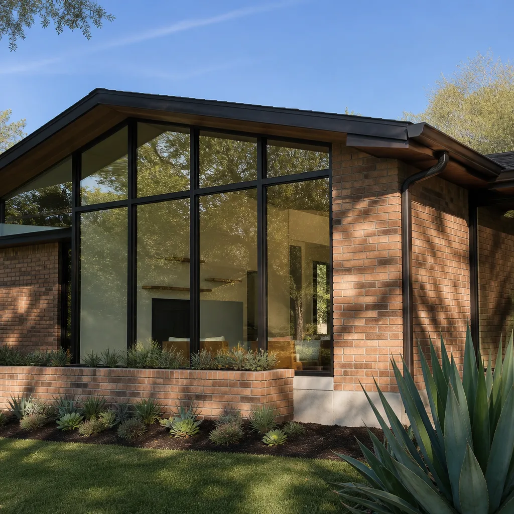 Modern home exterior with large floor-to-ceiling black frame replacement windows